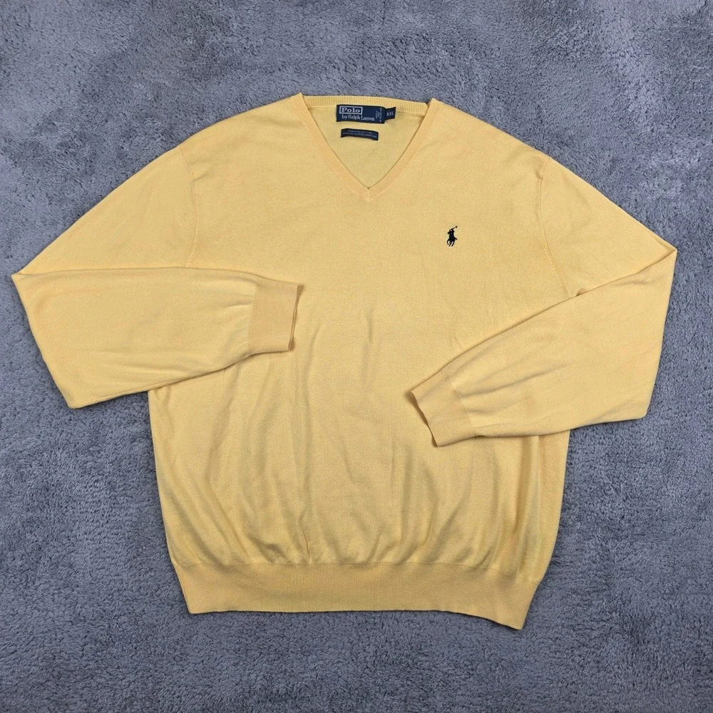 Polo Ralph Lauren V Neck Sweater Mens XXL Yellow Pima Cotton Pony Logo Knit